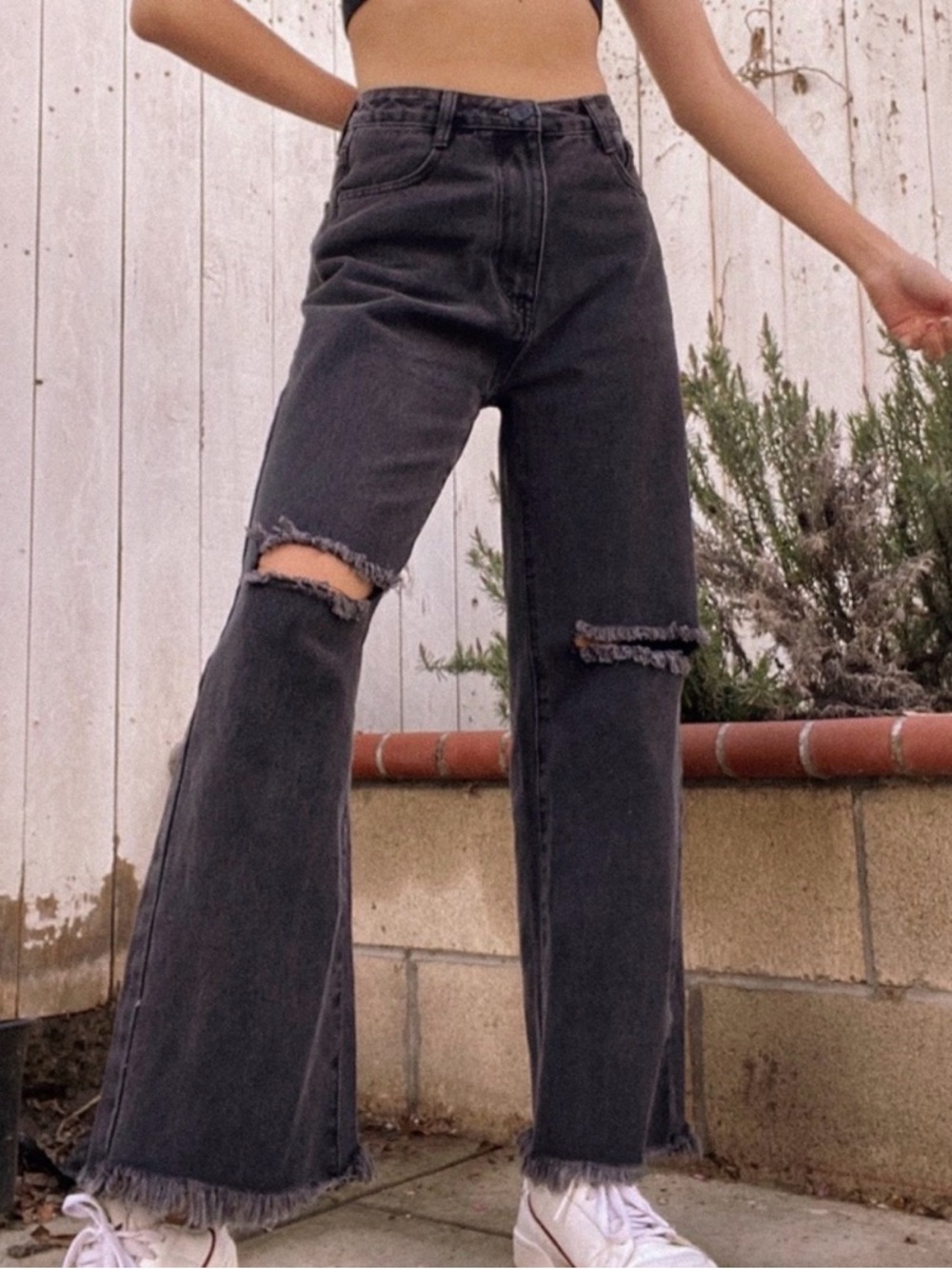 Princess Polly cece hammer wide leg knee rip jeans black denim